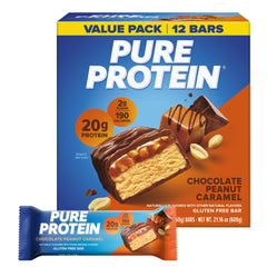 Pure Protein empaque frontal mostrando sabor chocolate, maní y caramelo y atractivo visual