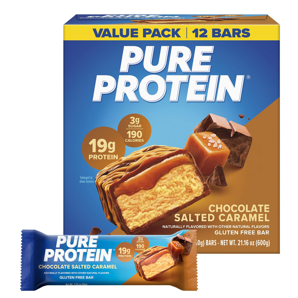 Pure Protein frontal del paquete mostrando presentación de 12 unidades y conveniencia