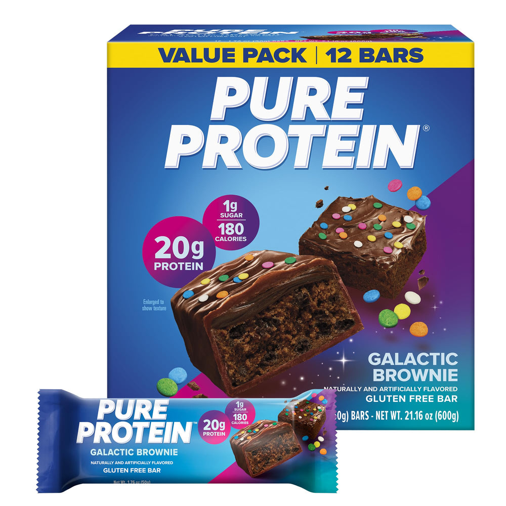 Pure Protein frontal del empaque mostrando caja de 12 unidades y conveniencia