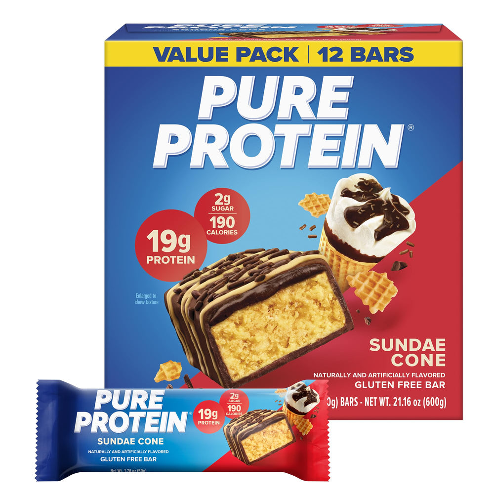 Pure Protein frontal del empaque mostrando 12 barras y beneficios proteicos