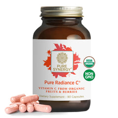 Pure Synergy frasco frontal que muestra cantidad y sellos orgánicos para confianza