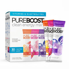 Pureboost frente del empaque mostrando 30 sobres y beneficios limpios