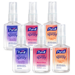 Purell frente pack vista completa mostrando las seis botellas y beneficio de portabilidad