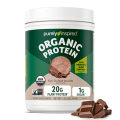 Purely Inspired envase frontal mostrando sabor Decadent Chocolate y beneficios orgánicos