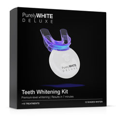 PurelyWHITE DELUXE frente del empaque mostrando kit completo y ventaja de uso doméstico