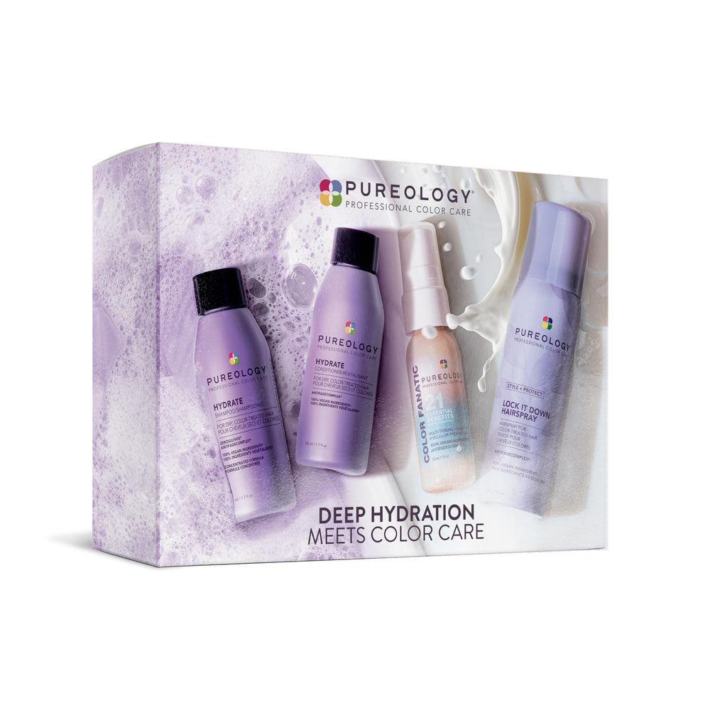 Pureology empaque frontal del kit Hydrate mostrando todos los envases y beneficios