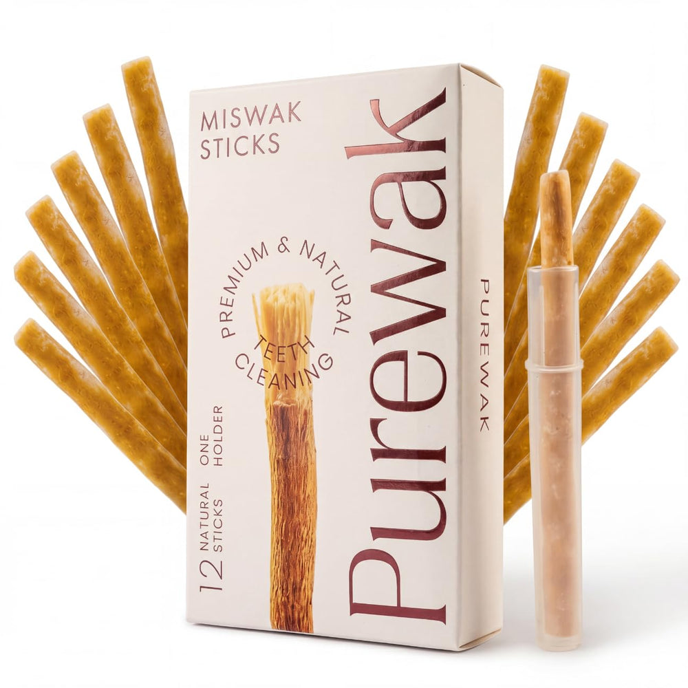 PUREWAK paquete frontal con 12 palos Miswak, presentación natural y lista para usar