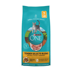 Purina ONE bolsa frontal azul 7 lb mostrando croquetas y trozos, fácil identificación