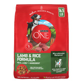Purina ONE frente del saco mostrando fórmula cordero y arroz y beneficios nutricionales