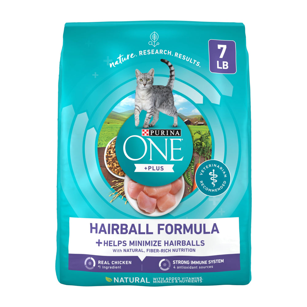 Purina ONE frente del paquete mostrando la fórmula Hairball Control y beneficios visibles