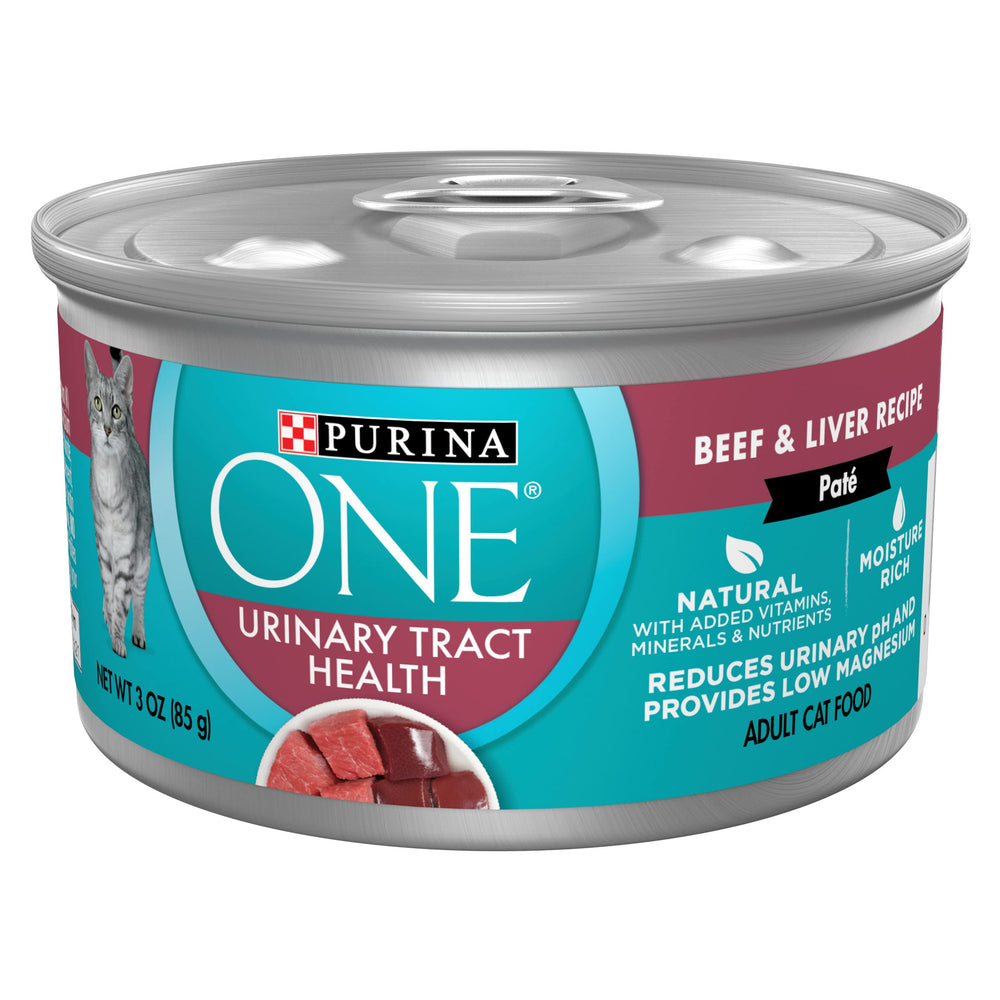 Purina ONE lata frente mostrando etiqueta y beneficio salud urinaria