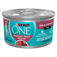 Purina ONE lata frente mostrando etiqueta y beneficio salud urinaria