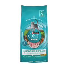 Purina ONE paquete frontal 7 lb mostrando fórmula para estómagos sensibles y beneficio nutricional
