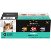Purina Pro Plan empaque frontal del surtido que muestra variedad de latas y beneficios