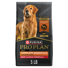 Purina Pro Plan empaque frontal 5 lb mostrando la fórmula beef & rice y beneficios