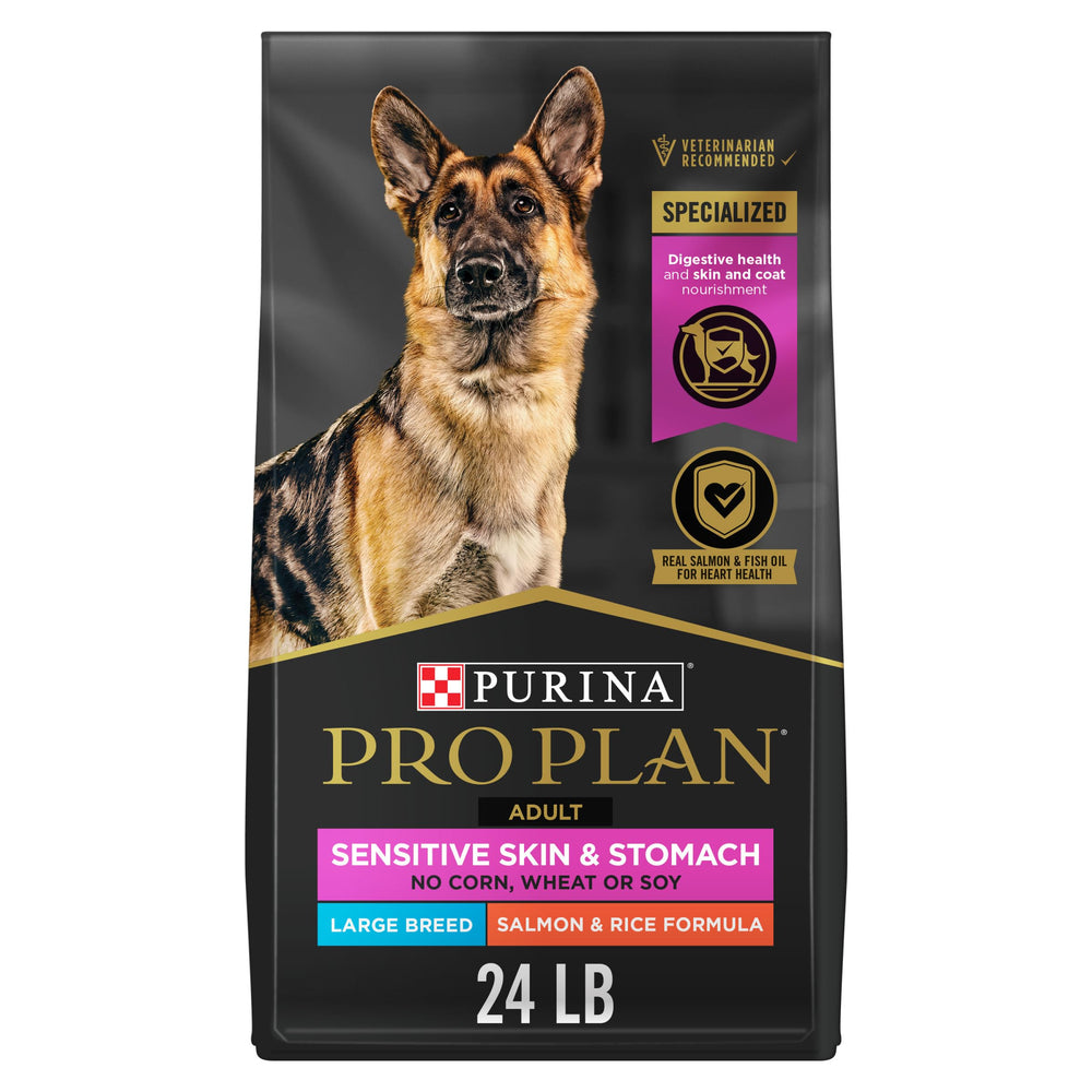 Purina Pro Plan vista frontal del paquete mostrando fórmula para razas grandes y beneficio digestivo