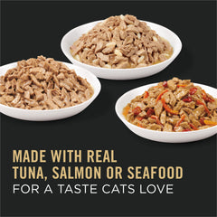 Purina Pro Plan lata abierta con comida húmeda, muestra jugos y trozos de mariscos