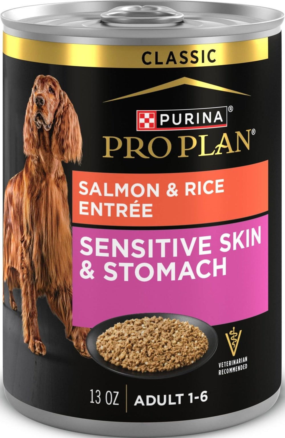 Purina Pro Plan lata frente mostrando salmón y arroz, comida apetecible
