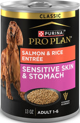 Purina Pro Plan lata frente mostrando salmón y arroz, comida apetecible