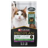 Purina Pro Plan empaque frontal mostrando la fórmula Indoor y beneficio de reducción de alérgenos
