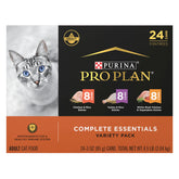 Purina Pro Plan pack frontal mostrando 24 latas y variedad de sabores