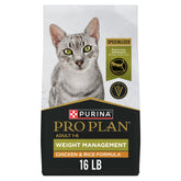 Purina Pro Plan bolsa frontal mostrando fórmula pollo y arroz, control de peso