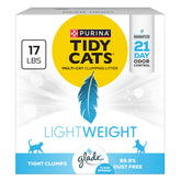 Purina Tidy Cats front packaging showing 17 lb lightweight bag and branding benefit ease