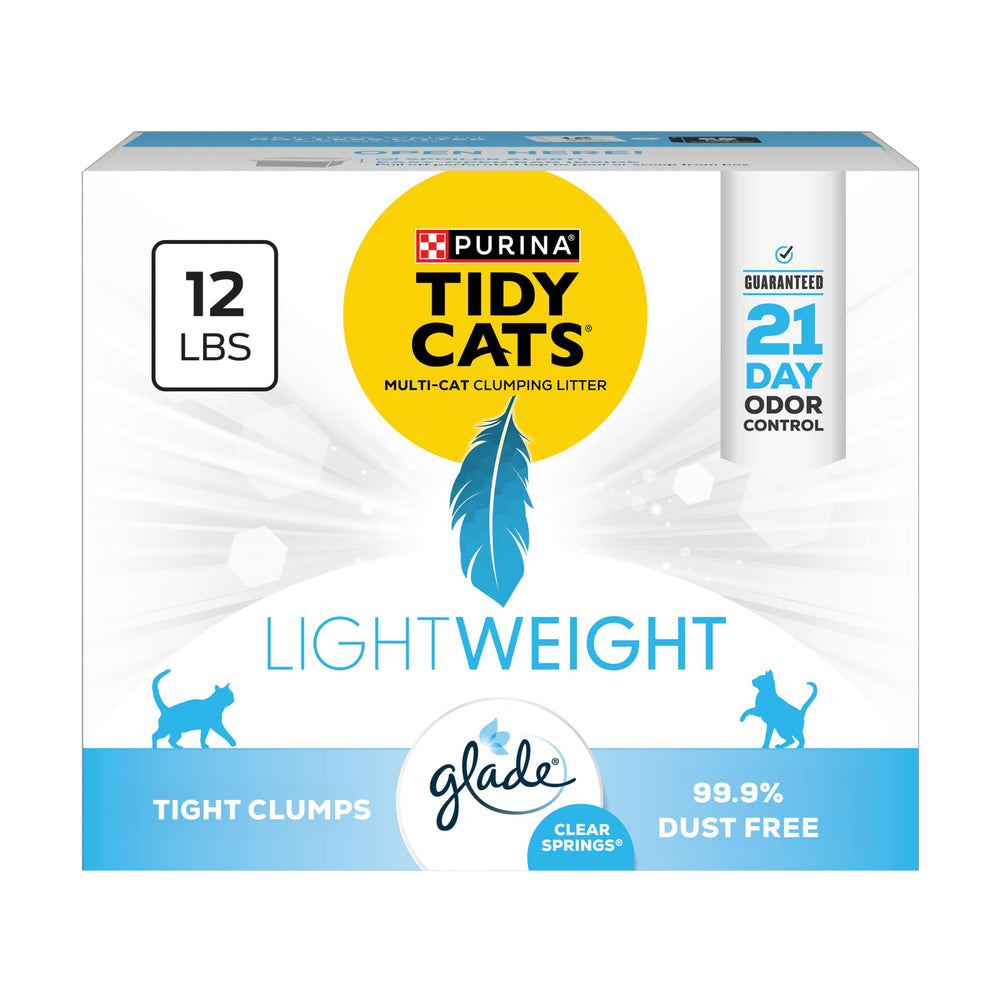 Purina Tidy Cats caja frontal mostrando diseño y peso ligero