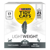 Purina Tidy Cats paquete frontal mostrando 17 lb y beneficios de control de olor