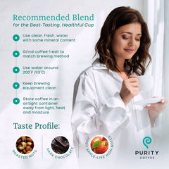 PURITY COFFEE bolsa FLOW junto a regla para comparar 12oz, beneficio referencia de tamaño