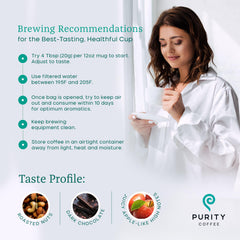 PURITY COFFEE bolsa FLOW al lado de taza para comparar tamaño y porción