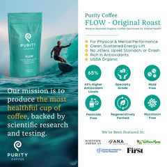 PURITY COFFEE primer plano de granos FLOW con textura uniforme, beneficio frescura visible