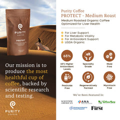 PURITY COFFEE primer plano de granos que revela textura y calidad