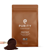 PURITY COFFEE frente del paquete mostrando sello orgánico y diseño claro
