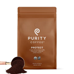 PURITY COFFEE frente del paquete mostrando sello orgánico y diseño claro