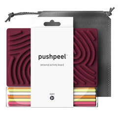 Pushpeel tablero frontal empaquetado mostrando diseño y beneficios portátiles
