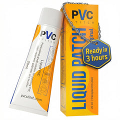 PVC Stitch empaque frontal mostrando el tubo de 20 ml y beneficio de reparación rápida