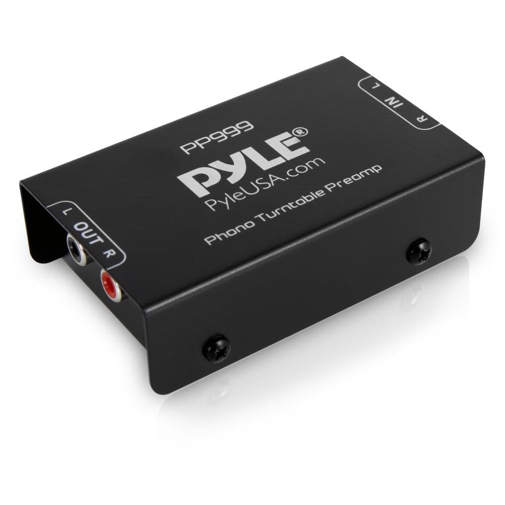 Pyle PP999 vista frontal mostrando entradas y salidas RCA y beneficio de conexión sencilla