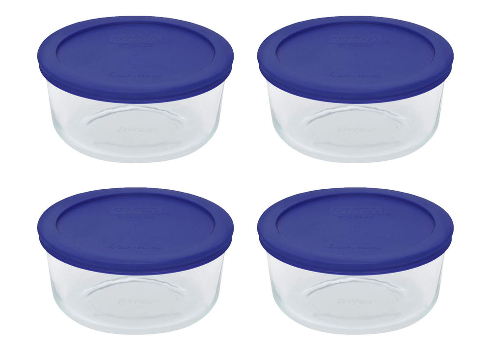 Pyrex mostrando el frontal del paquete con cuatro cuencos y tapas azul cadete para almacenamiento confiable