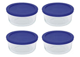 Pyrex mostrando el frontal del paquete con cuatro cuencos y tapas azul cadete para almacenamiento confiable