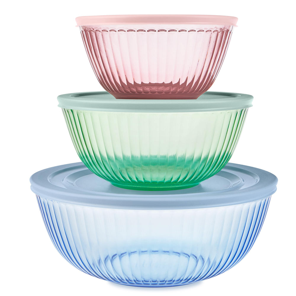 Pyrex cuencos frente del empaque mostrando colores y tamaños, práctico para almacenar