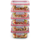 Pyrex Freshlock frontal del conjunto mostrando 5 recipientes y tapas herméticas, organización eficiente