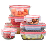 Pyrex frontal del set mostrando recipientes y tapas, organización eficiente