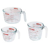 Pyrex front packaging showing the 3-piece cup set and clear markings benefit accuracy
