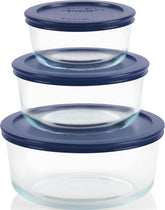 Pyrex vista frontal del set con tapas azules útil para almacenar