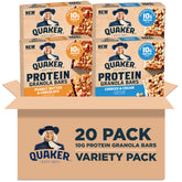 Quaker paquete frontal mostrando las 20 barritas y variedad de sabores, práctico y claro