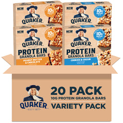 Quaker paquete frontal mostrando las 20 barritas y variedad de sabores, práctico y claro