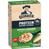 Quaker empaque frontal mostrando sabor manzana canela y beneficio proteico