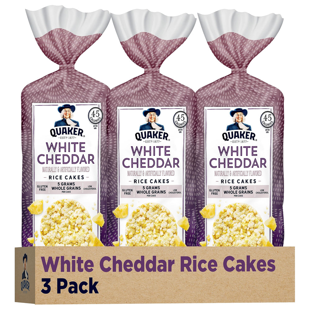 Quaker empaque frontal de tortas de arroz white cheddar mostrando diseño y cantidad