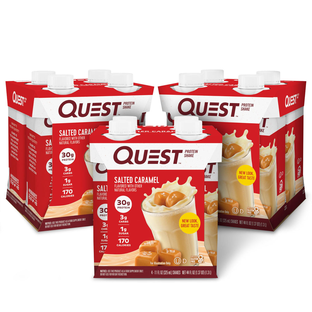 Quest batido caramelo salado frontal mostrando envase y marca, conveniencia inmediata